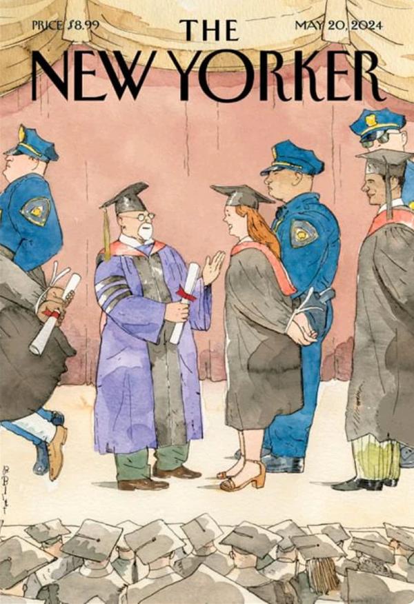 May 20, 2024 New Yorker magazine cover, with cartoon of pro-Palestinian graduate with wrists tied. 