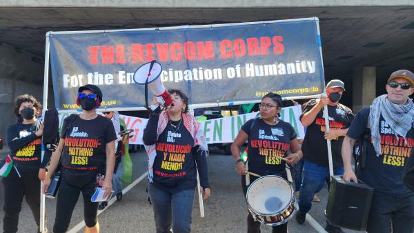 Revcom Corps for the Emancipation of Humanity, LA at protest against the US/Israeli genocide of the Palestinian people, commemmorating the 76th Anniversary of the Nakba.