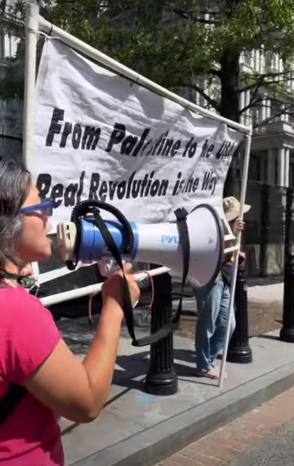 Banner at Washington, D.C. protest, "From Palestine to the USA, Real Revolution is the Way."