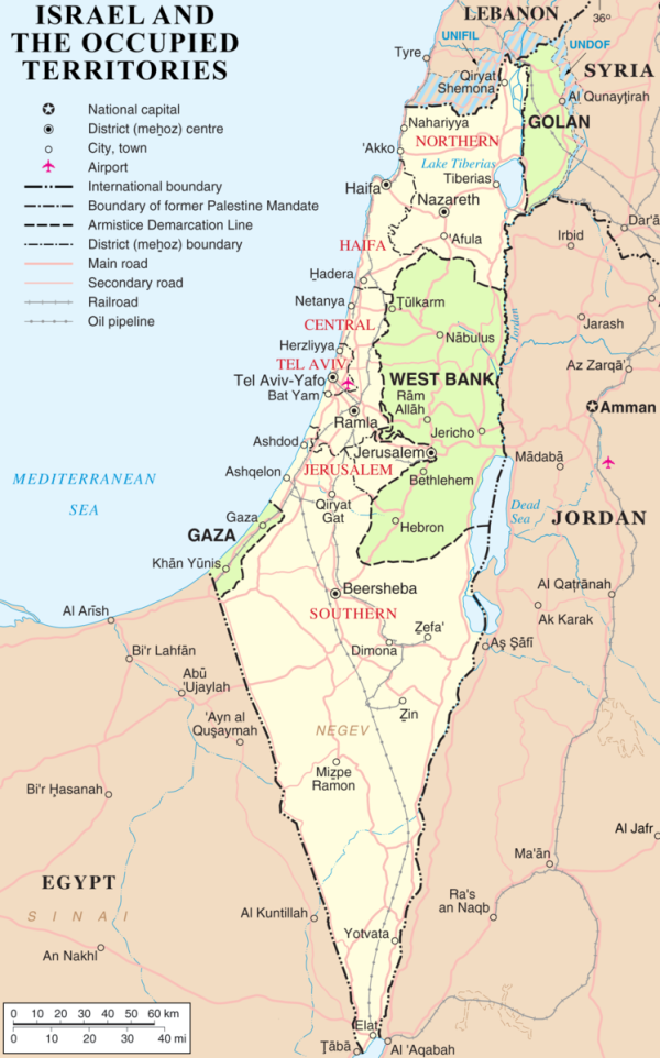 Map of Palestine, showing Gaza and West Bank, and surrounding countries