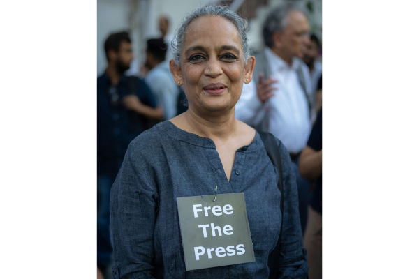 Writer and activist Arundhati Roy at a protest at the press club of India in New Delhi, India, October 4, 2023.