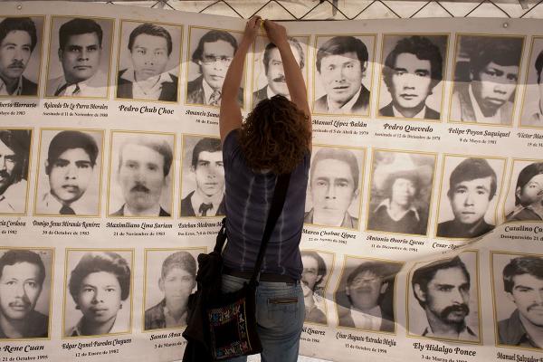 A banner of some of the people disappeared by the Guatemalan army during the 1980s following a U.S.-backed coup by General José Efraín Ríos Montt.