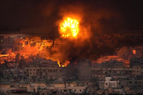 Beirut, Lebanon, in flames, September 28, 2024. Israel dropped more than 1,400 bombs on hospitals, medical centers, ambulances, apartment buildings, fire trucks and people fleeing.  