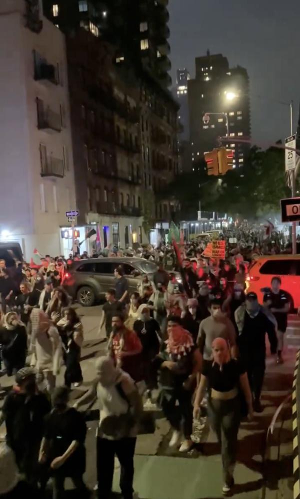 Protesters against Netanyahu in the streets late at night in Manhattan, September 26, 2024.