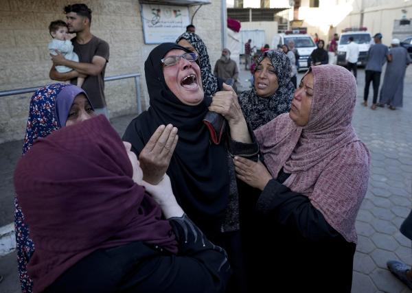 Palestinian woman mourns outside hospital morgue in Deir al-Balah, October 2, 2024.