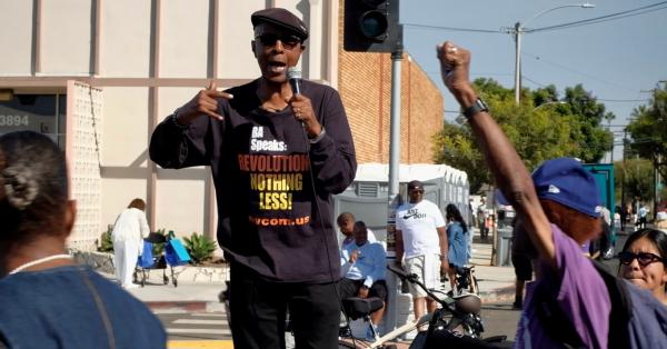 Revcom Joe Veale agitates at the Taste of Soul Festival, LA, October 19, 2024.