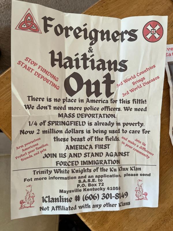 Leaflet "Foreigners & Haitians Out" distributed in Springfield