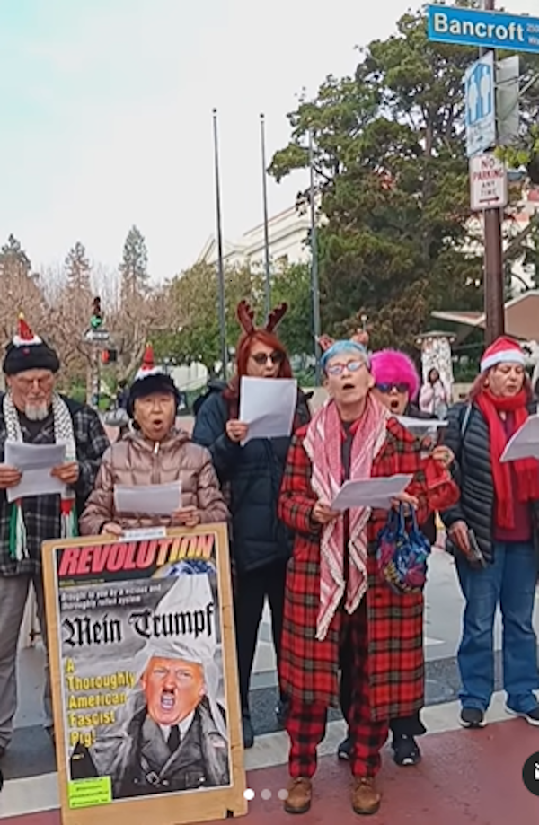 Revcoms caroling at Berkeley Telegraph Avenue Street Fair, Dec. 2024