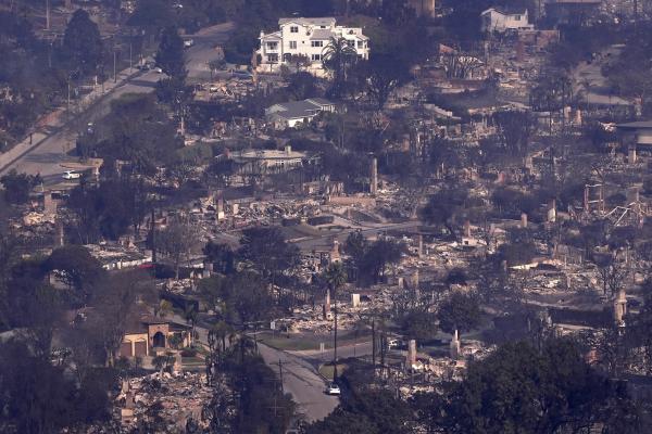 An aerial view shows fires in California caused extensive destruction in Pacific Palisades, January 9, 2025.