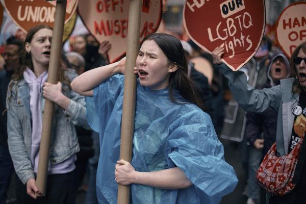 Young wonmen at New York Cityb "Hands Off!" protest against President Donald Trump on April 5, 2025