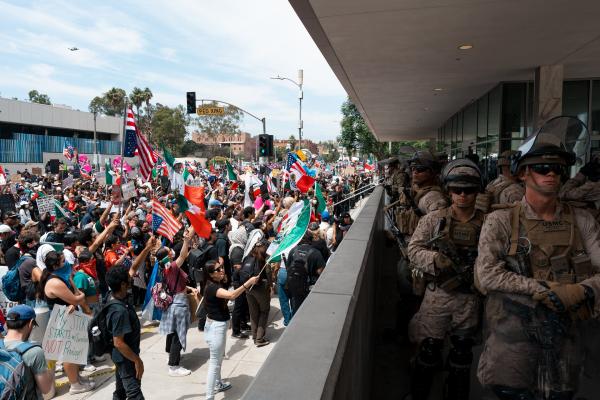 No Kings protest in Los Angeles. Protesters line up against national guard.