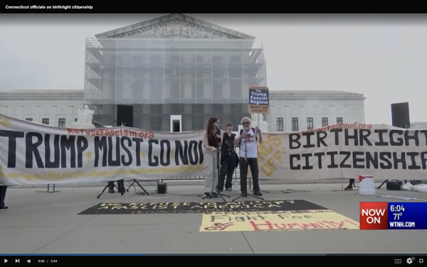 Refuse Fascism with birthright citizenship banner in front of SCOTUS, June 27, 2025.