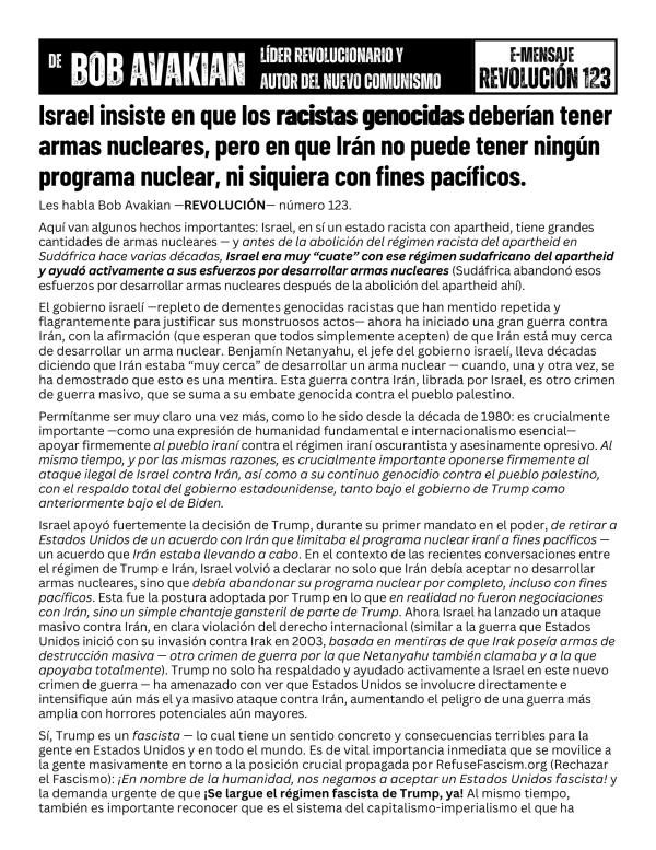 Bob Avakian Official Revolution 123 front Spanish