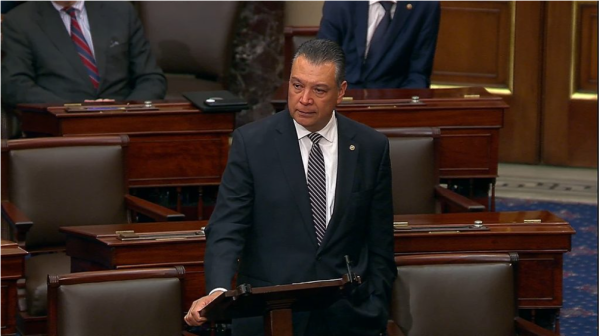 Senator Alex Padilla giving speech on the floor of the Senate.