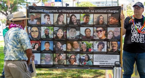 Good Trouble rally in Honolulu. Banner of disappeared.