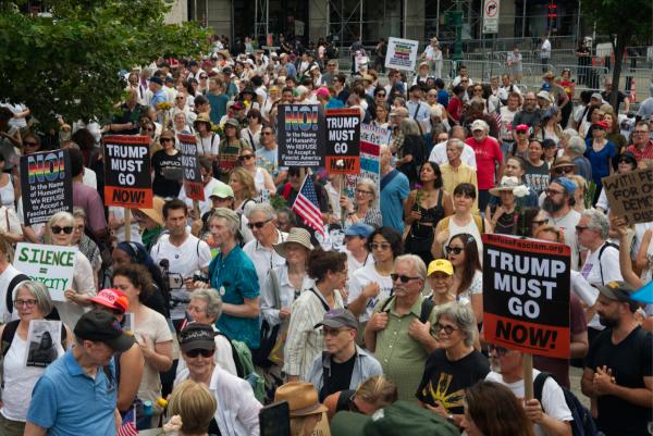 Protesters in New York City gather in Foley Square for Good Trouble march.