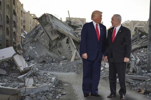 graphic trump netanyahu standing amid gaza rubble