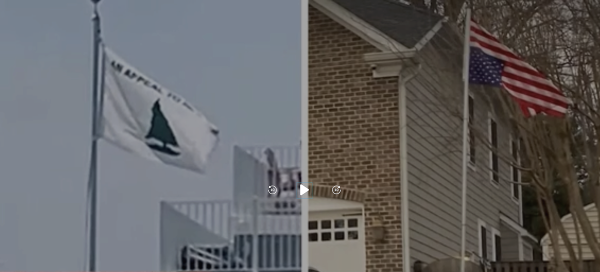 Alito's flags: "An Appeal to Heaven" and upside down American flag, both signifying unity with far-right ideologies.