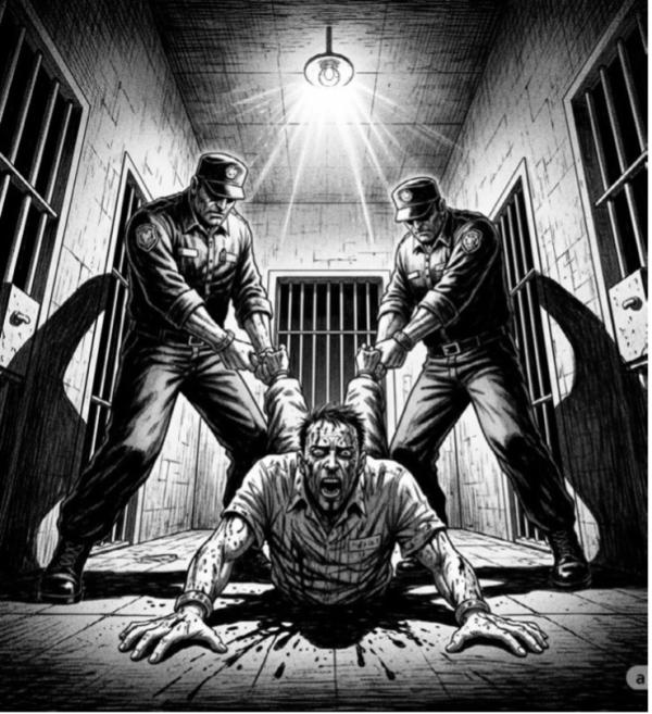 Illustration from Iran: Death row prisoner being dragged out of cell. Illustration: Bamdad Bidar #2