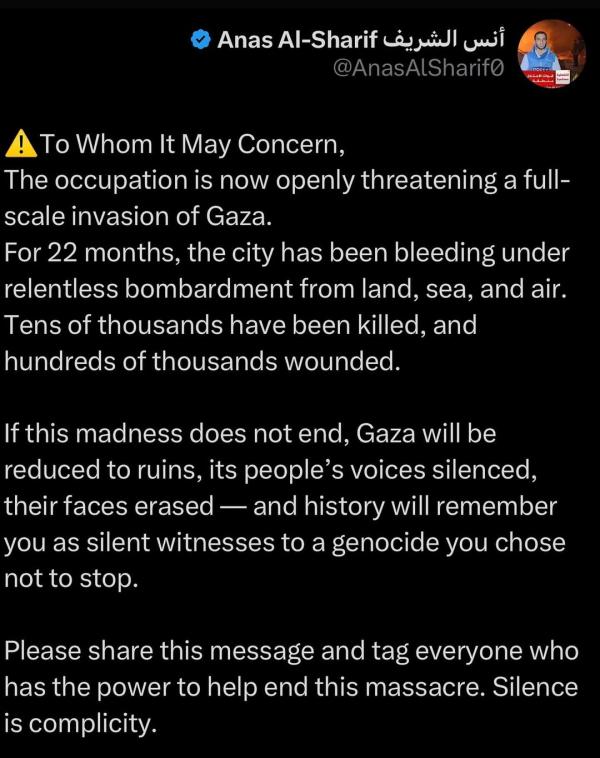 Anas al-Sharif wrote this message written half hour before he was assassinated