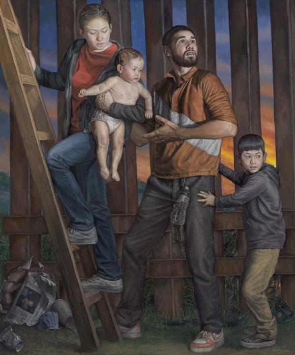 Rigoberto Gonzales art work: Refugees Crossing the Border Wall into South Texas.