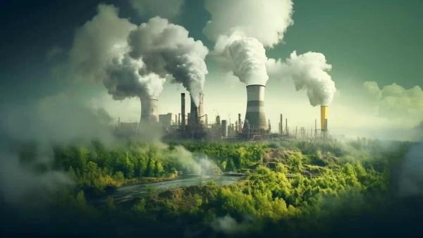 Greenhouse gases coming out of smoke stacks.