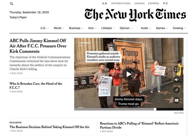 Cover of New York Times with Revcoms in front of Jimmy Kimmel studio, September 18, 2025.