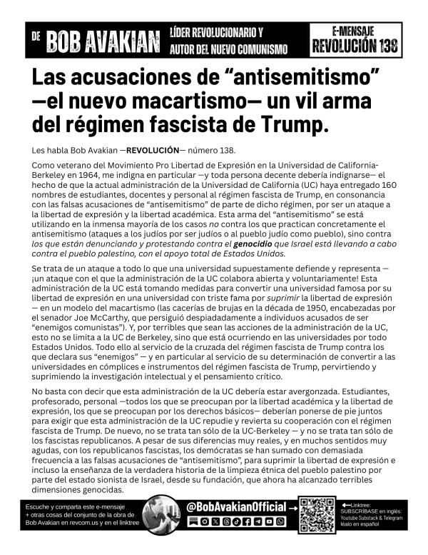 Bob Avakian Official Revolucion #138 front Spanish