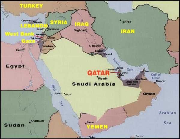 Map of middle east featuring Qatar and region.