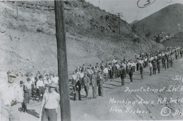 In Bisbee, Arizona, the deportation of IWW workers from mining site, July 1917.