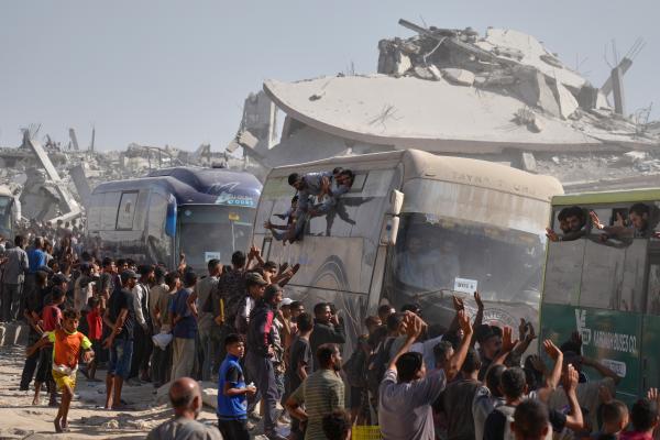 Freed Palestinian prisoners are greeted as they arrive in the Gaza Strip, October 13, 2025.