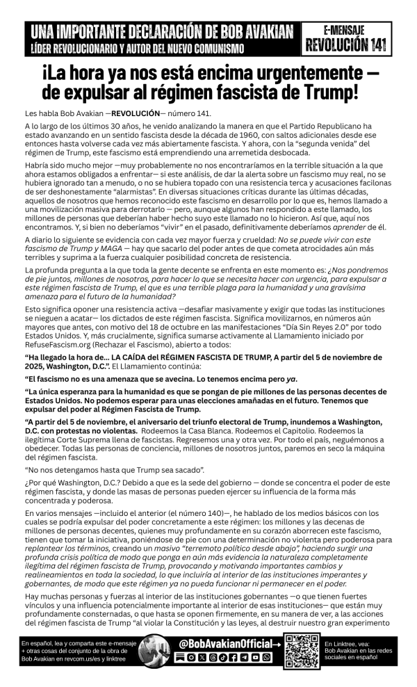 Bob Avakian Official Revolution 141 front Spanish
