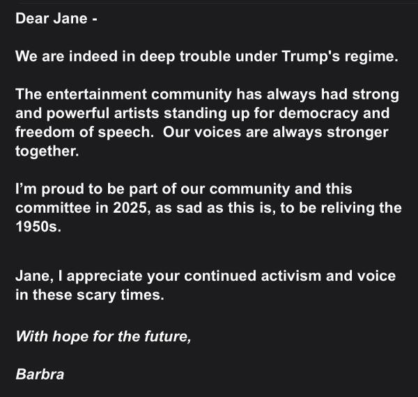 Barbra Streisand supporting Jane Fonda