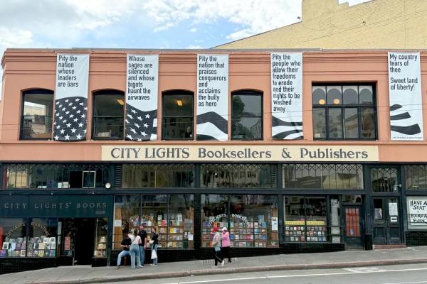 City Lights Bookstore in San Francisco raised banners opposing authoritarianism