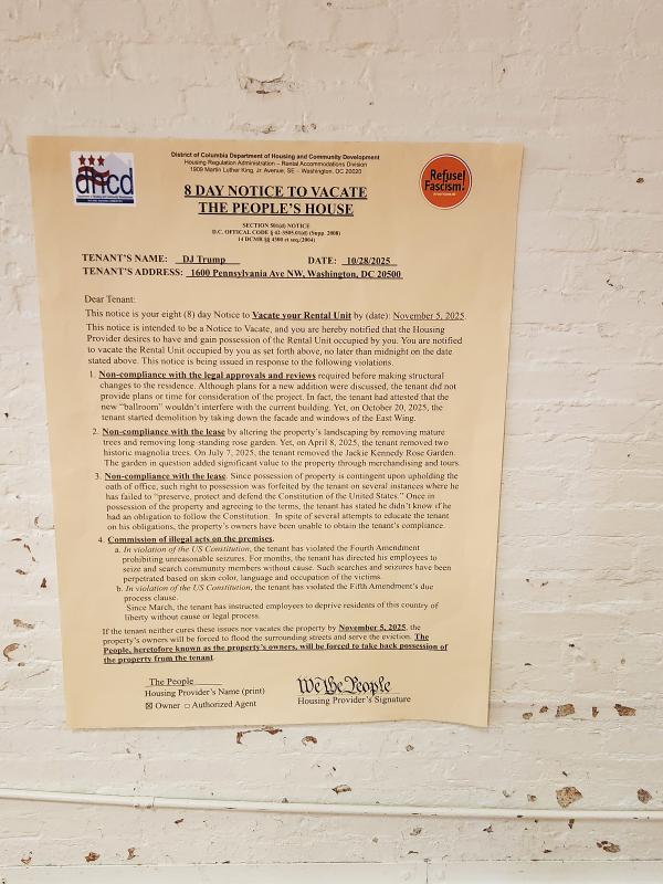Text of eviction notice that Refuse Fascism delivered to White House, October 31, 2025.