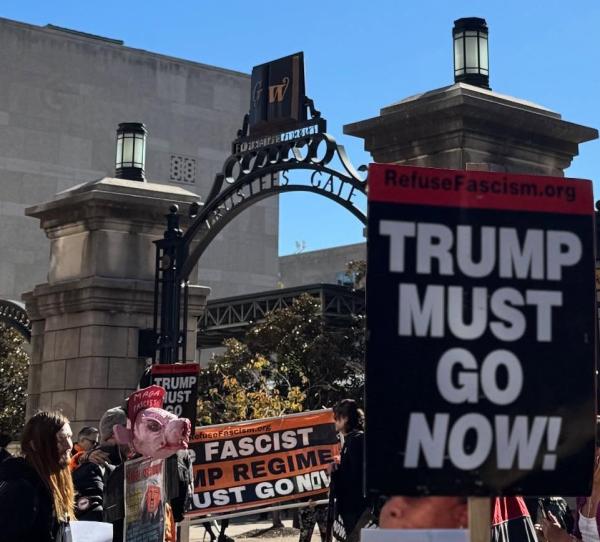 Trump must go movement at the gates of George Washington University.