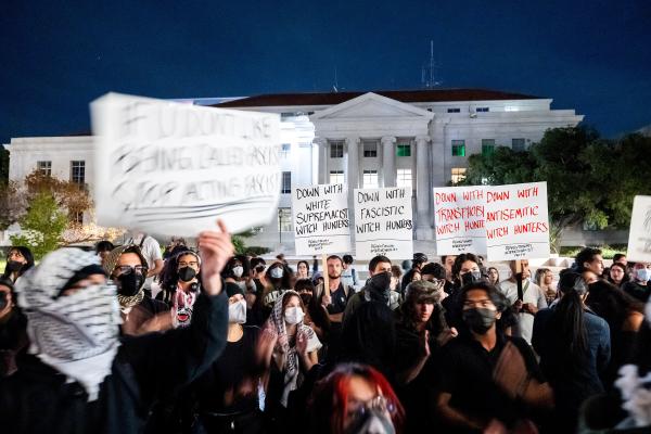 Protest outside a Turning Point USA event at the University of California, Berkeley, November 10, 2025.