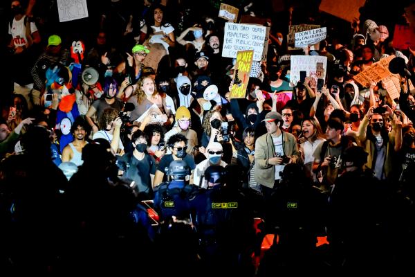 Berkeley student protestors face off against police at the demonstration against Turning Point being on campus.