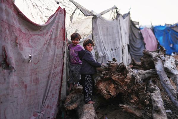 Children in makeshift camp for displaced people in the central Gaza Strip, November 18, 2025.