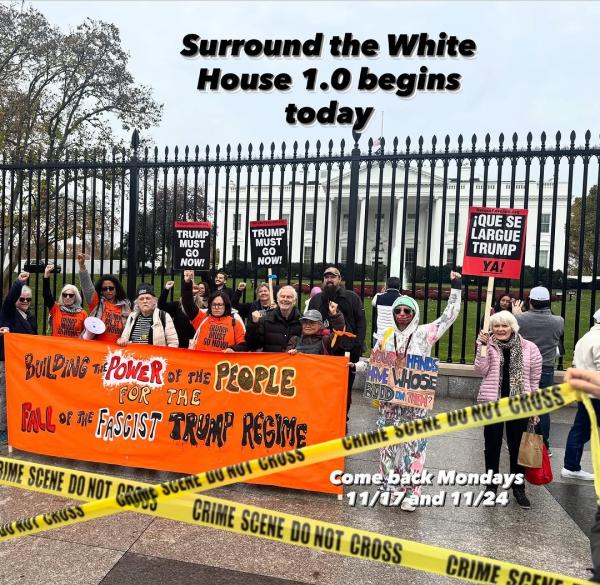 Protesters with banner and crime tape in front of White House fence.