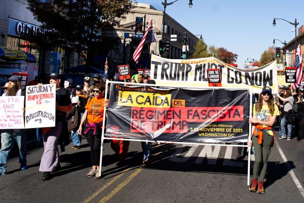 Trump Must Go Now marches through Latino neighborhood, November 8, 2025.