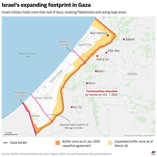 Map of Gaza showing expansion of Israel "security buffer zone" April 2025.