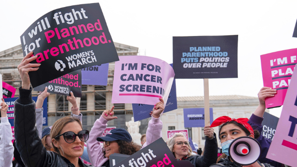 Abortion-rights activists rally outside the Supreme Court in Washington, April 2025.