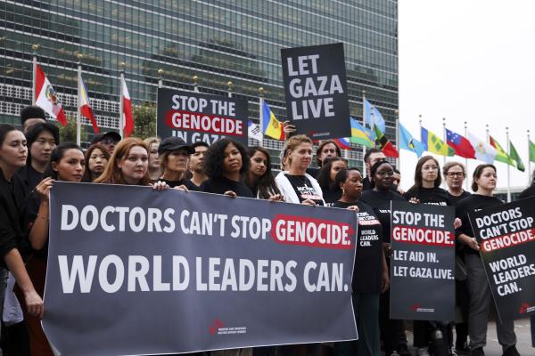 Doctors Without Borders/Médecins Sans Frontières USA (MSF USA) at the UN, New York City, call on world leaders to stop the genocide in Gaza, September 17, 202
