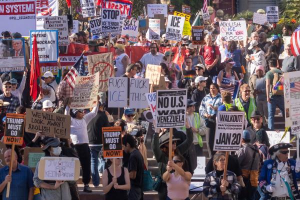 Los Angeles: Demonstrators call for an end to federal immigration enforcement and U.S. attacks on Venezuela, January 10, 2026.