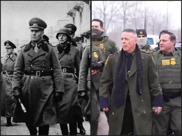 Greg Bovino  wearing a coat that is a near replica of a German Nazi stormtrooper coat. 