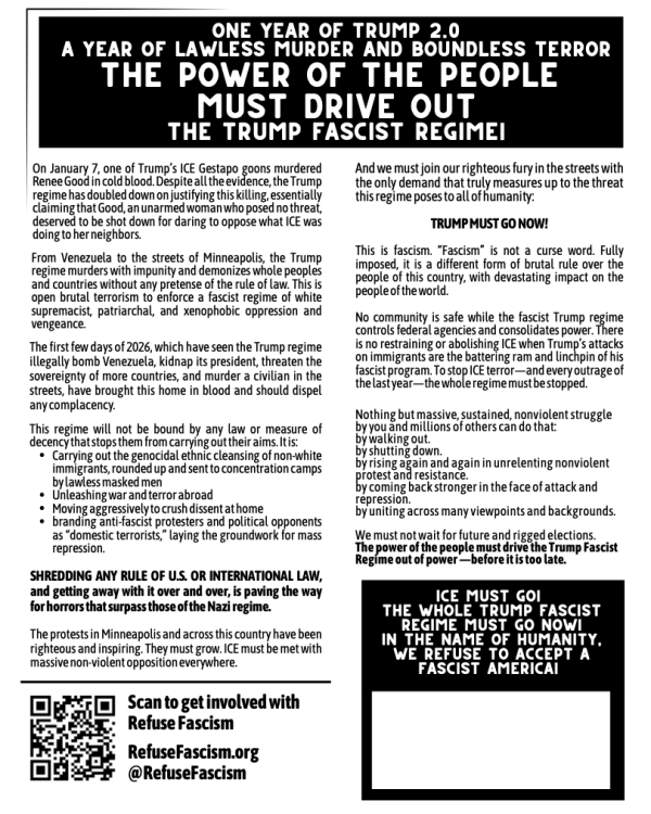 January 20 2026 Refuse Fascism flyer