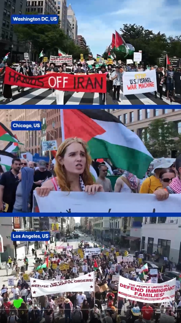Compilation of protests in Washington DC, Chicago and LA against the US bombing of Iran, June 22, 2025.