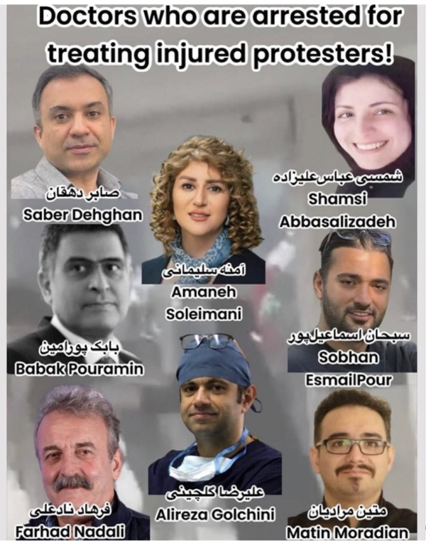 Poster of a few of the doctors who were arrested for treating wounded protesters.