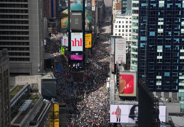 New York City No Kings Day march toward Times Square, March 26, 2028.